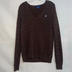 Brown Ralph Lauren V neck cable knit sweater